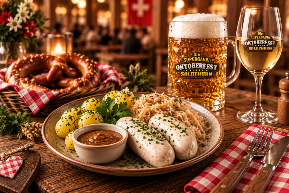 Weisswürstl mit Kartoffeln, Sauerkraut, süssem Senf, Brezn und Bier