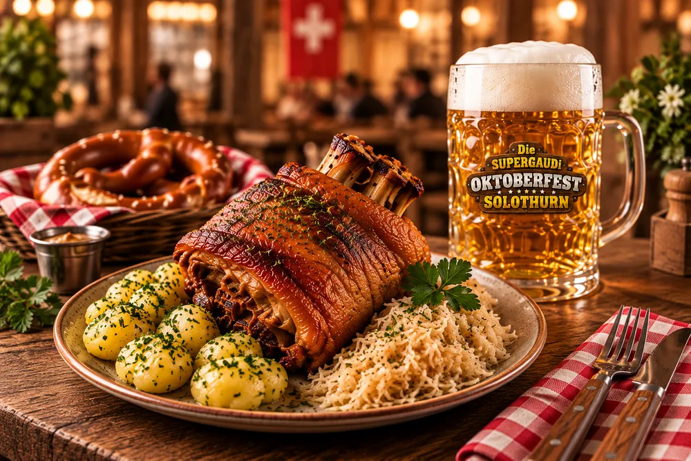Saftige Schweinshaxe mit Kartoffeln, Sauerkraut, Brezn und Bier