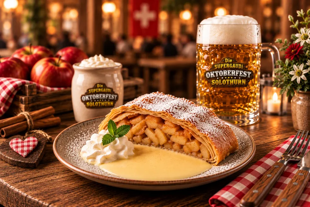 Warmer Apfelstrudel mit Vanillesauce und Rahm